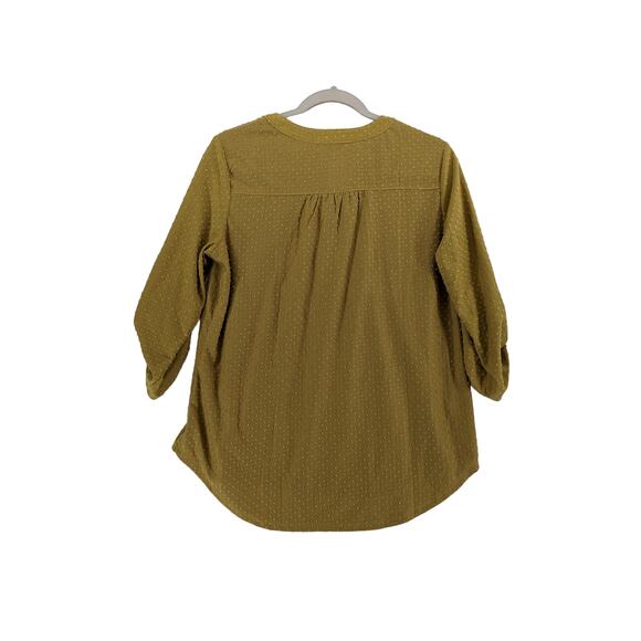 Notations Textured Blouse M Brown Split VNeck Button Roll Cuff Sleeve Hi Low Hem - Picture 2 of 9